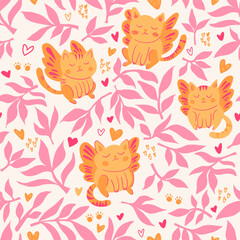Seamless Pattern with Cute Winged Cats and Pink Leaves in Scandinavian Naive Style Charming seamless pattern featuring adorable kittens with butterfly-like wings, floating peacefully as if dreaming 