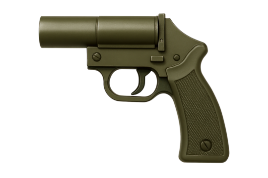 Isolated Olive Green Flare Gun Against Black Background Showing Detailed Metal Construction and Ergonomic Handle