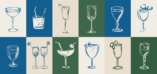 Cocktails illustration set. Hand drawn elements of glass, champagne, wineglass. Line art drawing in doodle sketch style. Elegant elements for menu, invite.