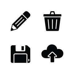 A set of 4 user action icons for UI edit (pencil), delete (trash can), save (floppy disk), upload (cloud with arrow). Bold, solid black, essential web elements.
