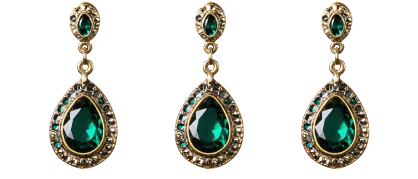 Three Gold Earrings with Emerald Green Teardrop Gems on Transparent Background
