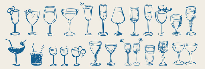 Cocktails illustration set. Hand drawn elements of glass, champagne, wineglass. Line art drawing in doodle sketch style. Elegant elements for menu, invite.
