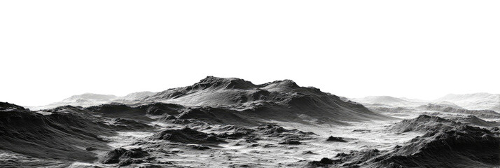 Grayscale view of a mountainous terrain.  Distant, rugged peaks and a textured surface