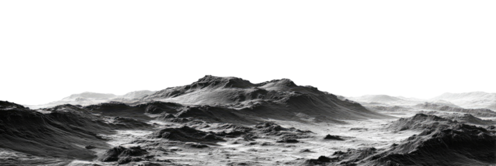Grayscale view of a mountainous terrain.  Distant, rugged peaks and a textured surface