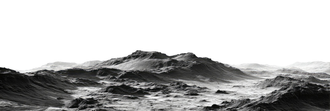 Grayscale view of a mountainous terrain.  Distant, rugged peaks and a textured surface