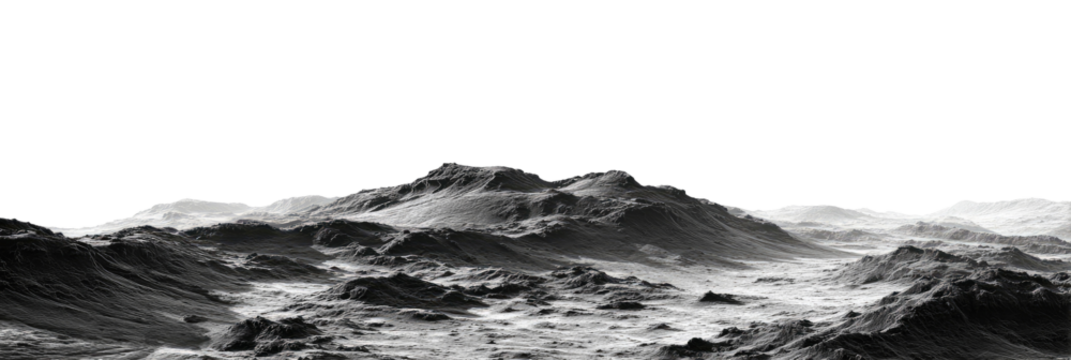 Grayscale view of a mountainous terrain.  Distant, rugged peaks and a textured surface