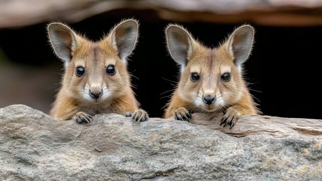 Curious duo of cute wallabies peek over rock, showcasing adorable features in wildlife nature