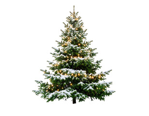  Snow-Covered Outdoor Christmas Tree with Twinkling Lights, Isolated on Transparent Background PNG