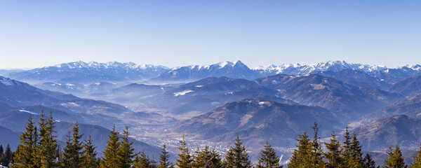 View of majestic, snow-capped mountains fading into the misty distance, framed by the golden-tipped evergreen trees, Rennfeld, Styria, Austria.