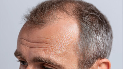Obraz premium Close up photo of human scalp with visible thinning hair and wrinkles on forehead showing natural aging and hair loss
