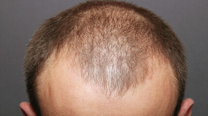 Obraz premium Close-up of thinning hair on the top of a man's head, showcasing early signs of hair loss. Hair care and potential solutions for maintaining a healthy head of hair.