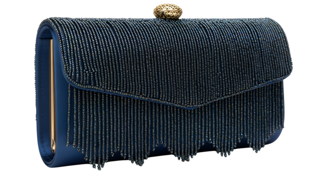 Clutch bag with beaded fringe, isolated on white background