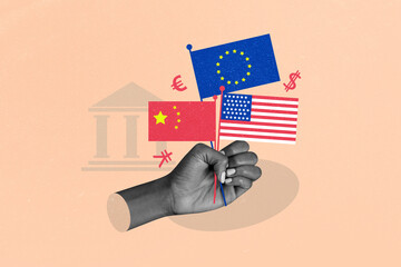 Exclusive magazine collage image of hand hold flag yuan euro dollar currency trade war bank usa...