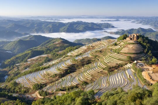 Terraced rice paddies, misty mountain range - Powered by Adobe