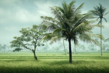 Lush green rice paddy with palm trees under a cloudy sky