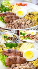 Brazilian food, restaurant food, in vertical composite position, for social media. Rice with beans, salad, fried sausage and fried chicken