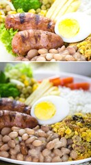 Brazilian food, restaurant food, in vertical composite position, for social media. Rice with beans, salad, fried sausage and fried chicken