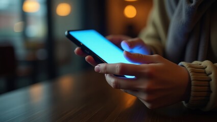 Primer plano de las manos de un joven sosteniendo un teléfono inteligente moderno en una encimera