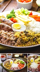 Brazilian food, restaurant food, in vertical composite position, for social media. Rice with beans, salad, fried sausage and fried chicken