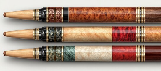 Three ornate billiard cues, showcasing various wood and inlay patterns