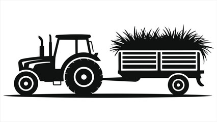 Silhouette of Tractor Pulling Trailer Loaded with Hay Isolated on White Background, Agricultural Machinery, Farm Vehicle, Rural Harvest Transport, Vector Illustration for Farming and Agriculture