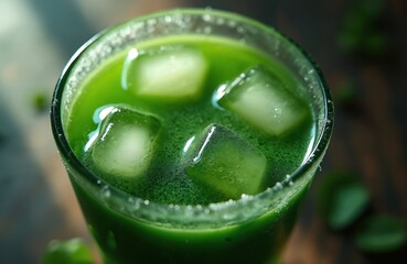 Cold green juice beverage in frosted glass with ice cubes. Vibrant lighting highlights condensation on the glass. Healthy organic refreshment, smooth texture, rich color.