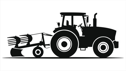 Tractor with Plow Silhouette - Agricultural Farm Vehicle Vector Icon. Ideal for Farming Logos, Crop Production, Rural & Modern Agriculture Designs.