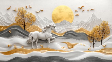 3d mural wallpaper with majestic horse and golden trees against colorful mountain landscape, featuring golden sun and flying birds on modern artistic background, perfect for frame canvas prints and el