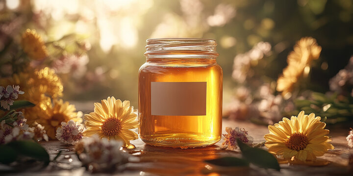 Natural Honey in Glass Jar with Blank Label and Fresh Flowers on a Table
