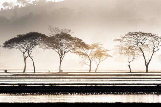 Misty rice paddies with silhouetted trees