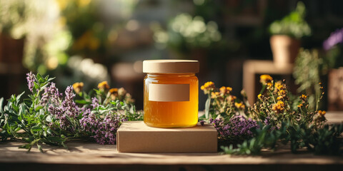 Honey in glass jar with blank label and summer wildflowers on a table, still life