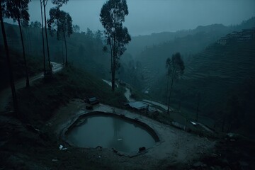 Misty mountain landscape with a pond. Lush green hills, dark trees, and a tranquil pool, shrouded in a cool, gray mist