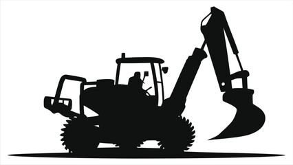 Silhouette of a heavy-duty backhoe loader excavator machine with operator inside, isolated on white background, construction equipment for digging, earthmoving, and heavy machinery industry concept