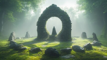 Ancient stone archway in misty forest