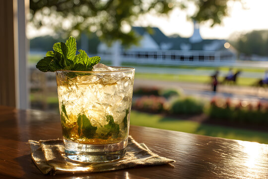Refreshing Mint Julep Cocktail at the Racetrack: A Classic Bourbon Drink with Ice and Mint Garnish