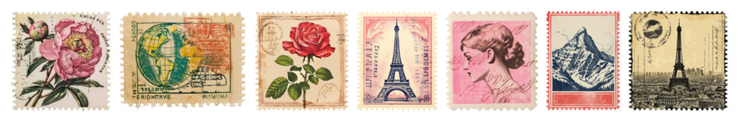 PNG Vintage postage stamps collection, element set on transparent background