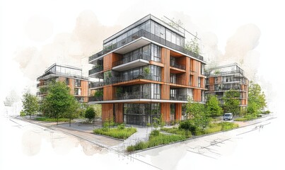 Sketch of a sustainable development project isolated on a white background, highlighting the importance of environmental considerations in planning and architectural design, Generative AI