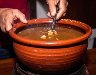 Fototapeta premium A person stirring a savory broth with chopsticks in a rustic ceramic bowl.