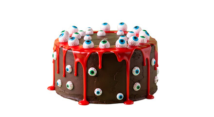 Spooky chocolate cake adorned with realistic edible eyeballs and dripping bloody icing, perfect for Halloween parties and themed celebrations creating a frightfully fun atmosphere.