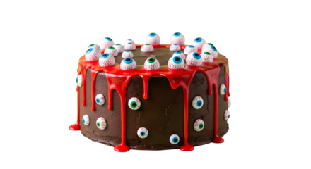 Spooky chocolate cake adorned with realistic edible eyeballs and dripping bloody icing, perfect for Halloween parties and themed celebrations creating a frightfully fun atmosphere.