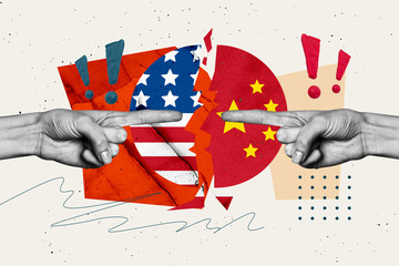 Sketch template design photo collage composite of hand gesture finger point showing china america...