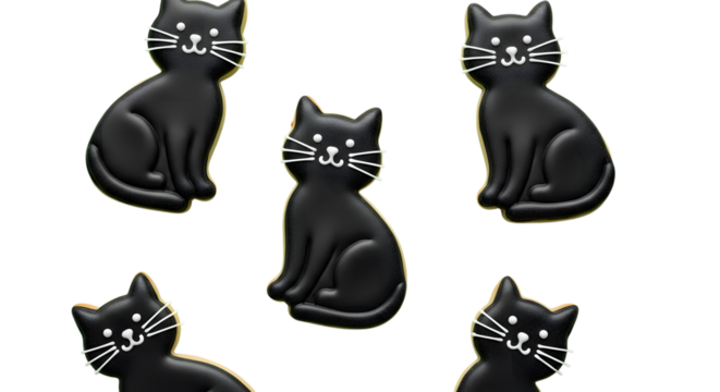 Adorable black cat sugar cookies with white icing whiskers and eyes, perfect for Halloween or any feline lover's celebration