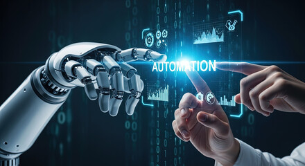 Futuristic Automation Concept: Human and Robot Hands Interacting with Digital Interface, Representing AI, Machine Learning, and Technological Advancement