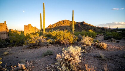 Desert landscape at sunset with cacti and ruins