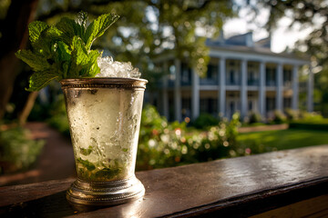 Refreshing Mint Julep Cocktail at Historic Plantation: A Taste of Southern Hospitality and Summer Elegance (Outdoor, Daytime)