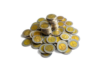 Golden coins sparkle and gleam, Thai baht coins, Ten baht coins on white background.