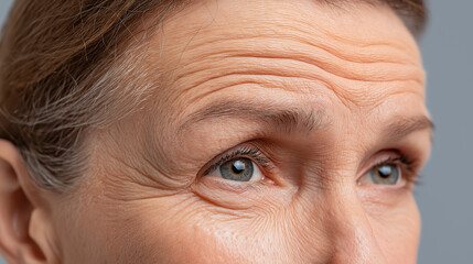 Close up macro of elderly woman face showing detailed wrinkles and fine lines around eyes and forehead, highlighting natural skin texture and aging with soft lighting