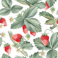 Obraz premium Seamless pattern with watercolor illustration of wild strawberries with white flowers. Hand painted print with woodland berries with green leaves on isolated background. Floral ornamental pattern.