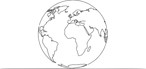 Continuous one line art drawing of earth planet, Globe, geography vector outline, Single line illustration of world map
