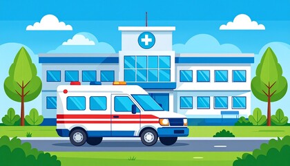 Ambulance vehicle parked in front of a modern hospital building exterior. Emergency medical services and healthcare clinic concept illustration